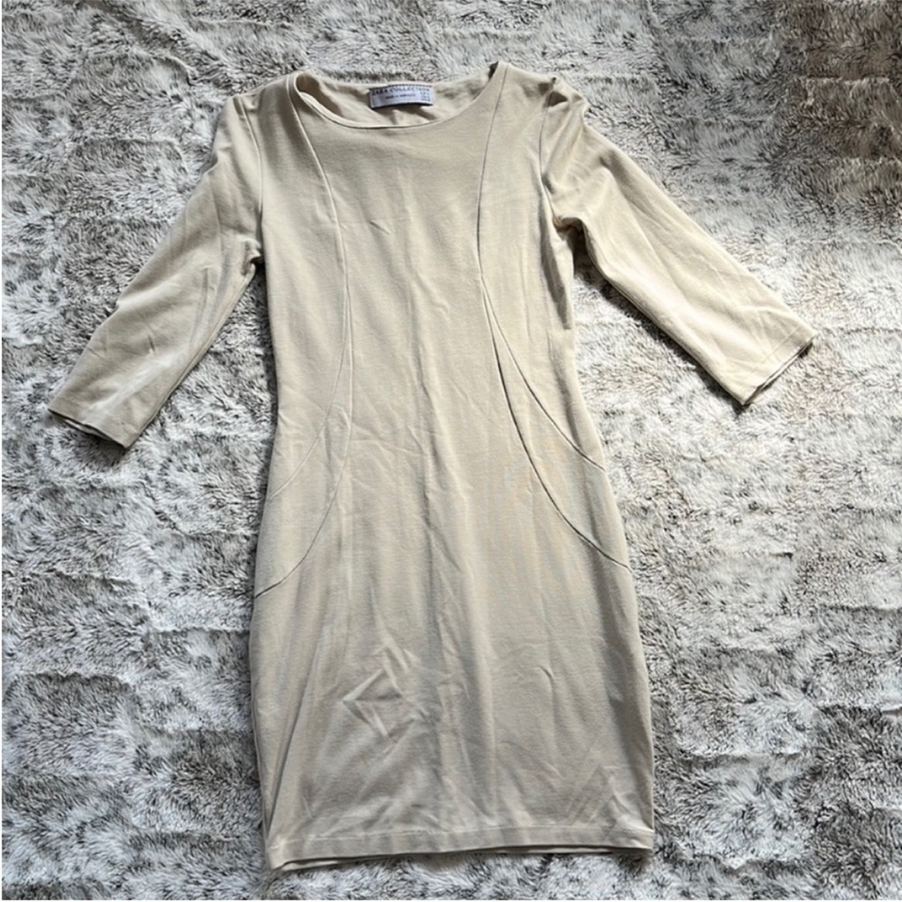 Zara cream tan bodycon 3 quarter sleeve dress